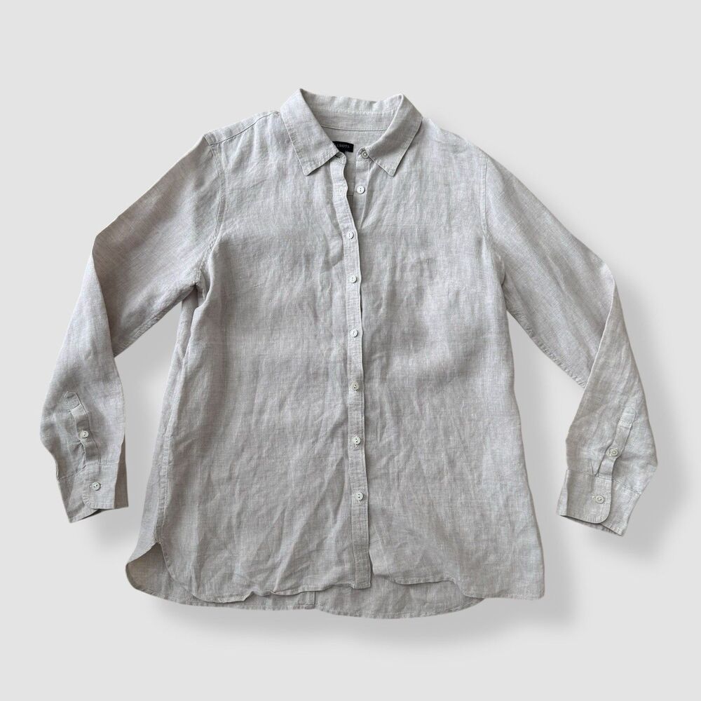 Talbots Linen Button Down Shirt M Natural Classic Cottagecore Preppy Tan Beige